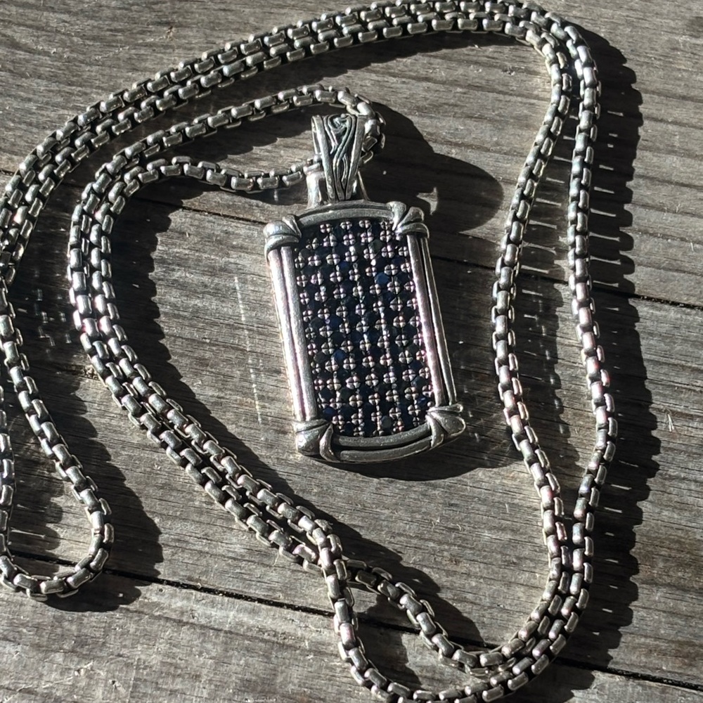 Scott Kay .925 Sapphire Pave Necklace W/Paved Dog Tag Engraved Pendant Statement
